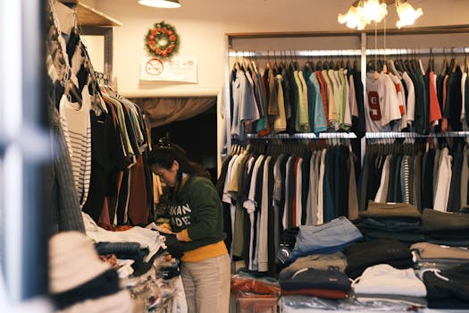 A woman organizing clothes in a cozy boutique clothing store with a wide selection on display.